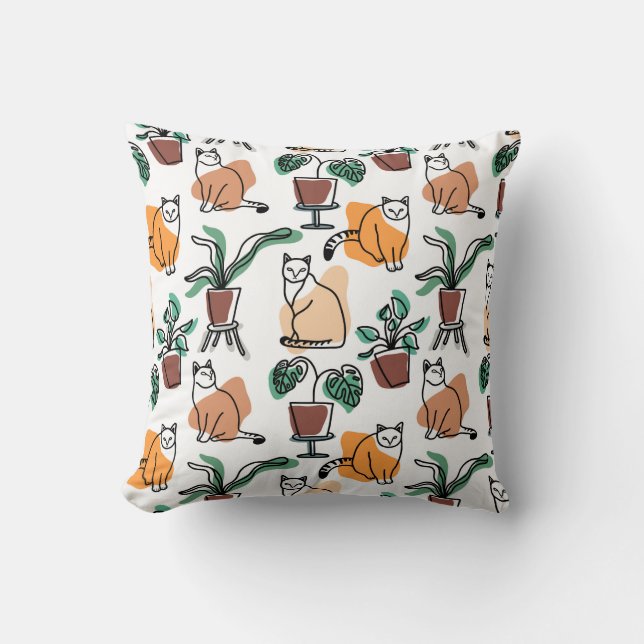 Line art drawing cats and flowers throw pillow (Front)