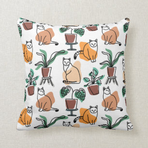 Line art drawing cats and flowers throw pillow