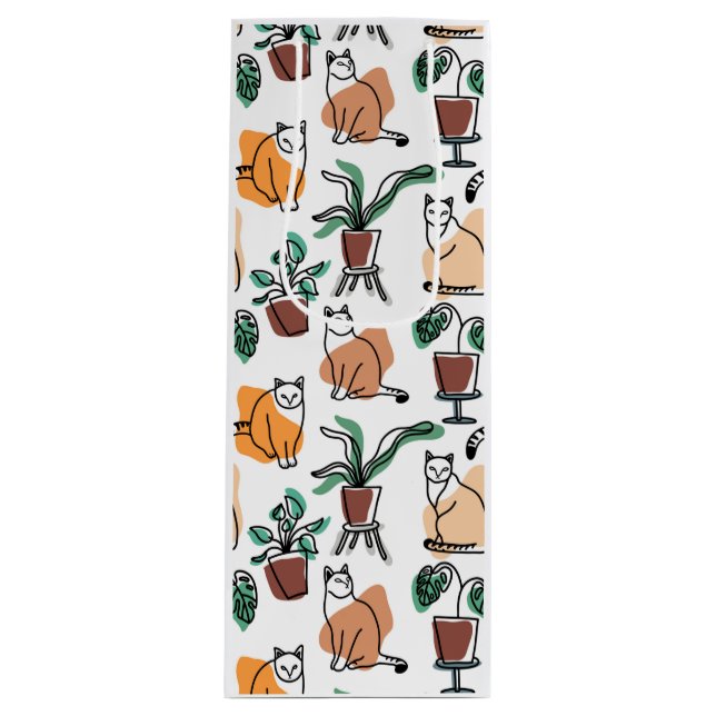 Line art drawing cats and flowers wine gift bag (Front)