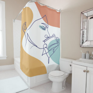 line art drawing poster of woman drinking coffee  