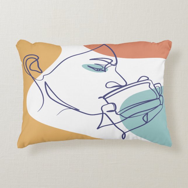 line art drawing poster of woman drinking coffee   accent pillow (Front)