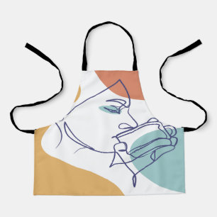 line art drawing poster of woman drinking coffee   apron