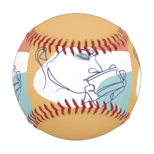 line art drawing poster of woman drinking coffee baseball