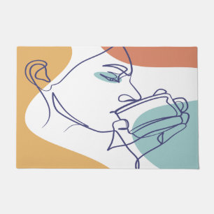 line art drawing poster of woman drinking coffee doormat
