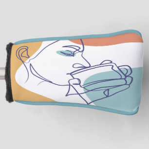 line art drawing poster of woman drinking coffee golf head cover