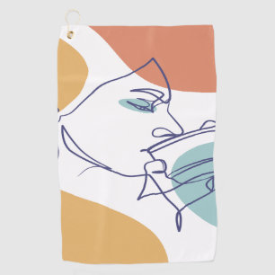 line art drawing poster of woman drinking coffee golf towel