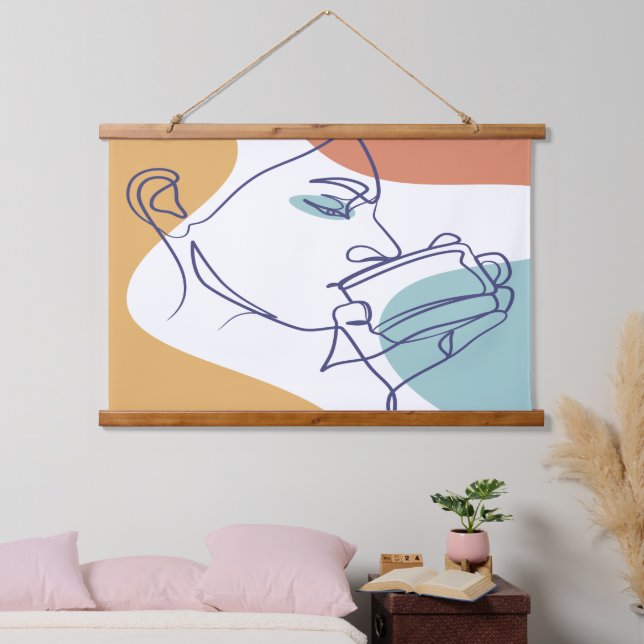 line art drawing poster of woman drinking coffee  hanging tapestry (Bedroom)