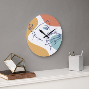 line art drawing poster of woman drinking coffee large clock