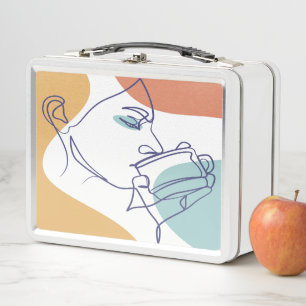 line art drawing poster of woman drinking coffee metal lunch box