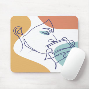 line art drawing poster of woman drinking coffee   mouse pad