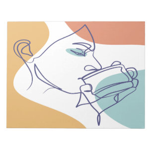 line art drawing poster of woman drinking coffee   notepad
