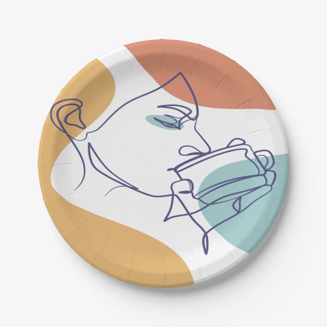 line art drawing poster of woman drinking coffee   paper plate (Front)