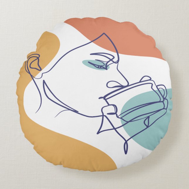 line art drawing poster of woman drinking coffee   round pillow (Front)