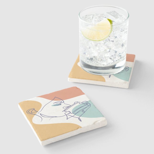 line art drawing poster of woman drinking coffee   stone coaster (Side)