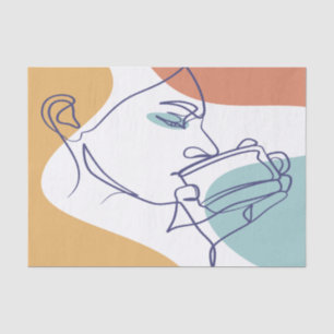 line art drawing poster of woman drinking coffee   tissue paper