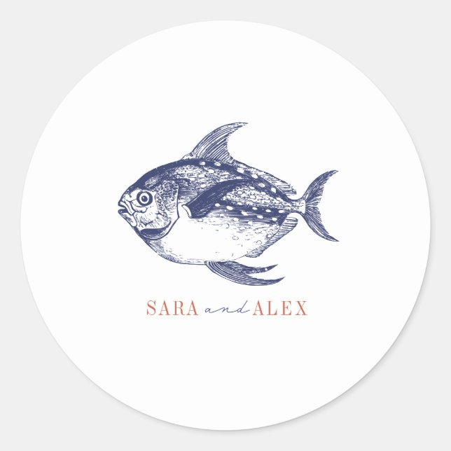 Line Art Fish Red & Blue Beach Wedding Classic Round Sticker (Front)
