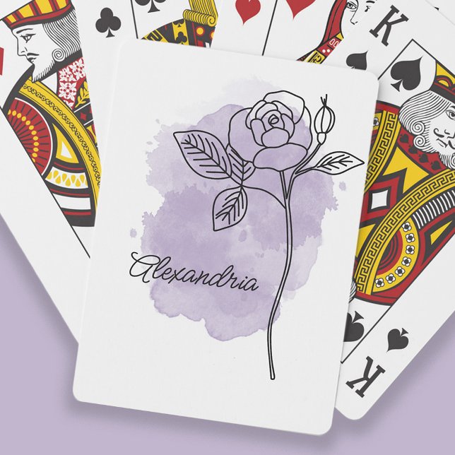 Line Art Flower Rose Purple Watercolor Name Playing Cards (Line art drawing flower on purple watercolor. Personalized with your name or any other text. )