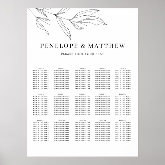 Line Art Foliage Leaves Seating Chart (Front)