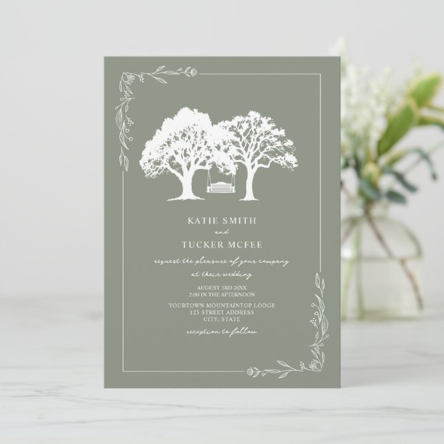 Line Art Forest Bench Swing Sage Green Wedding  Invitation (Standing Front)