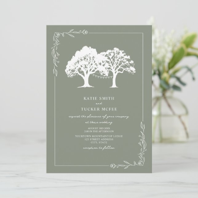 Line Art Forest String Lights Sage Green Wedding  Invitation (Standing Front)