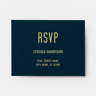 Line Art Gold Deep Blue Elegant Wedding RSVP Envelope