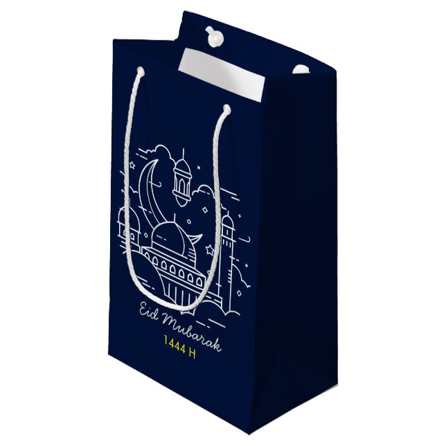 Line Art Happy EID Mubarak Navy Small Gift Bag (Front Angled)