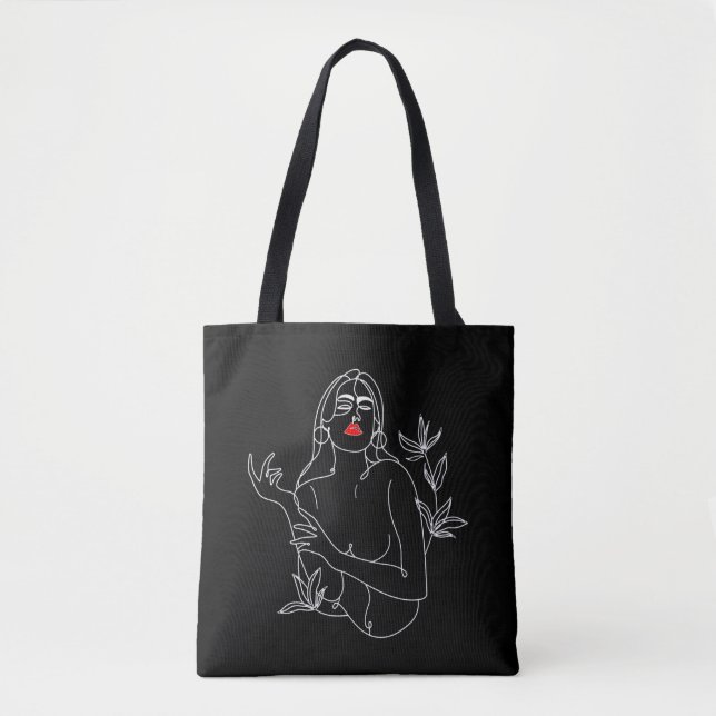 Line Art illustration. Woman in black and white Tote Bag (Front)