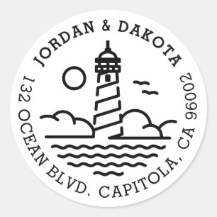 Line Art Lighthouse Round Wedding Return Address Classic Round Sticker