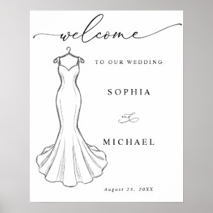 Line Art Minimalist Wedding Dress Welcome  Poster