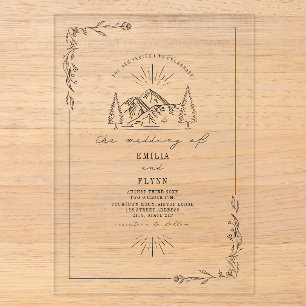 Line Art Mountain Floral Rustic Wedding Acrylic Invitations