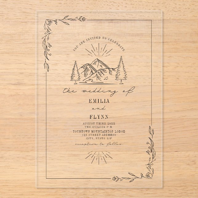 Line Art Mountain Floral Rustic Wedding Acrylic Invitations (Front)