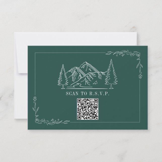 Line Art Mountains Emerald QR Code Wedding RSVP Card (Front)