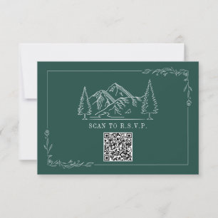 Line Art Mountains Emerald QR Code Wedding RSVP Card