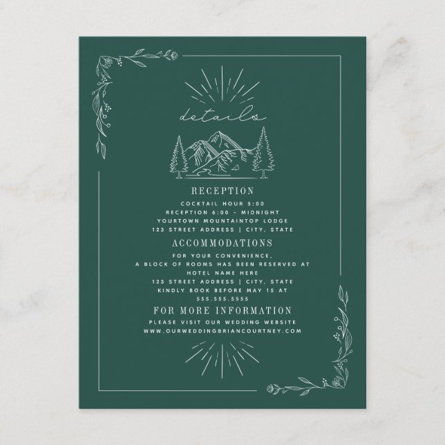 Line Art Mountains Teal Wedding Details Enclosure Card (Front)