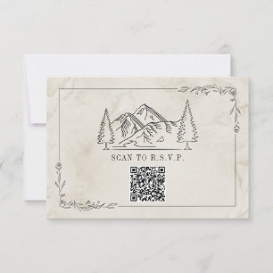 Line Art Mountains Watercolor QR Code Wedding RSVP Card