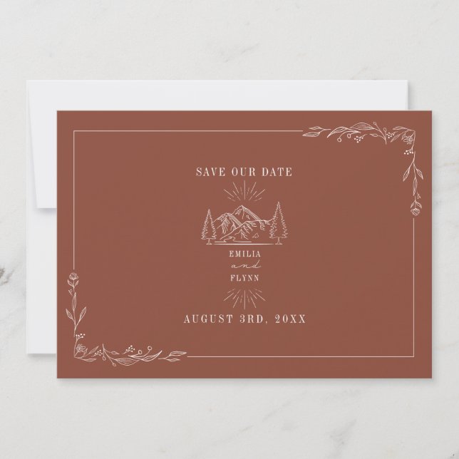 Line Art Mountains Wedding Terracotta Save The Date (Front)