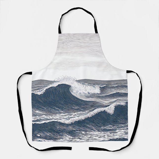 Line Art Ocean Wave Monochrome Surge Apron (Front)