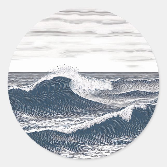 Line Art Ocean Wave Monochrome Surge Classic Round Sticker (Front)