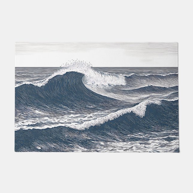 Line Art Ocean Wave Monochrome Surge Doormat (Front)