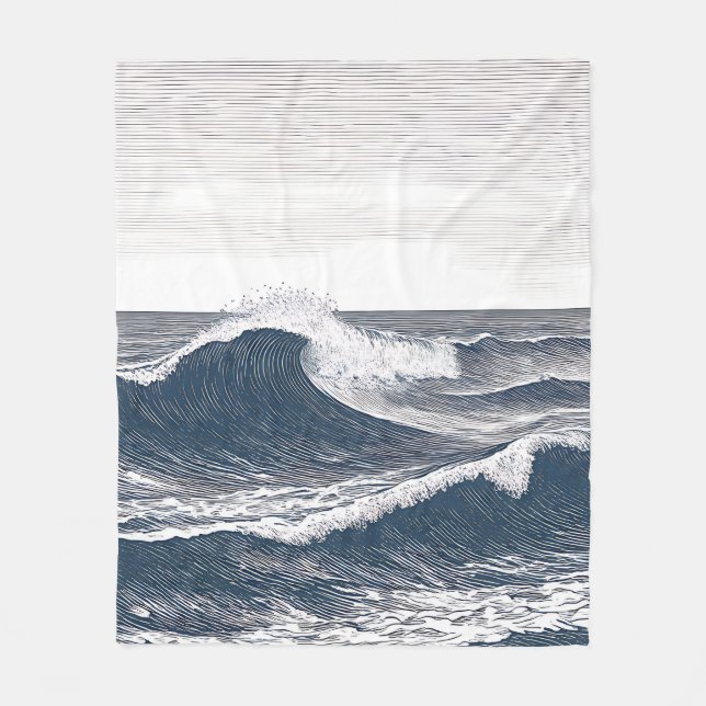 Line Art Ocean Wave Monochrome Surge Fleece Blanket (Front)