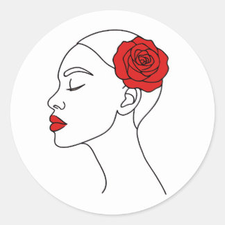 Line Art Portrait of Woman with Red Rose Classic Round Sticker