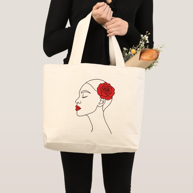 Line Art Portrait of Woman with Red Rose Large Tote Bag (Front (Product))