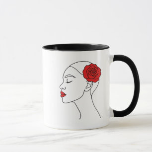 Line Art Portrait of Woman with Red Rose Mug