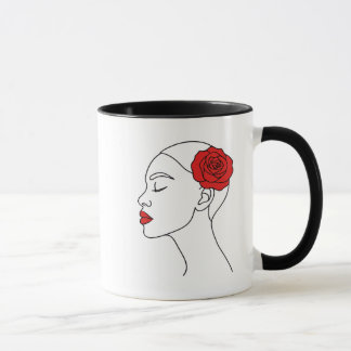 Line Art Portrait of Woman with Red Rose Mug