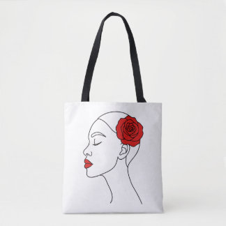 Line Art Portrait of Woman with Red Rose Tote Bag