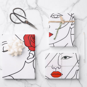 Line Art Portrait of Woman with Red Rose Wrapping Paper Sheet