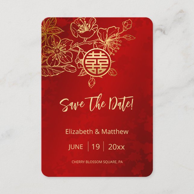 Line Art Red Chinese Wedding Save The Date Card (Front)