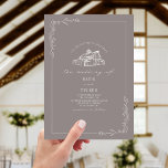 Line Art Rustic Barn Amethyst Wedding  Invitation<br><div class="desc">Illustration of barn at top with line art botanical border.  Background is amethyst grey colour.</div>