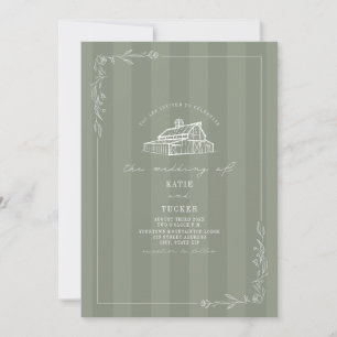 Line Art Rustic Barn Sage Green Stripe Wedding Invitation