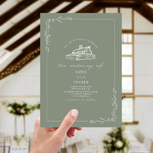 Line Art Rustic Barn Sage Green Wedding  Invitation